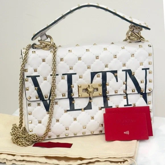 Valentino Garavani Rockstud Spike VLTN  Leather Medium Chain Top Handle Purse - Picture 5 of 16